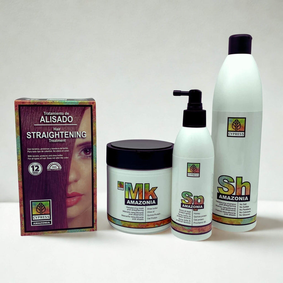 Set compuesto por el kit de tratamiento de alisado y tres componentes para el mantenimiento post-alisado, una mascarilla, un champu y un spray protector