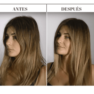 Antes y después de usar el alisado de keratina. Primero una imagen con el pelo encrespado y pocas ondas y después misma chica rubia con pelo liso y sin encrespamiento