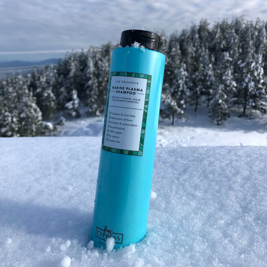 Champu natural con antioxidantes Marine Plasma Shampoo en la nieve con nieve por encima y fondo con árboles