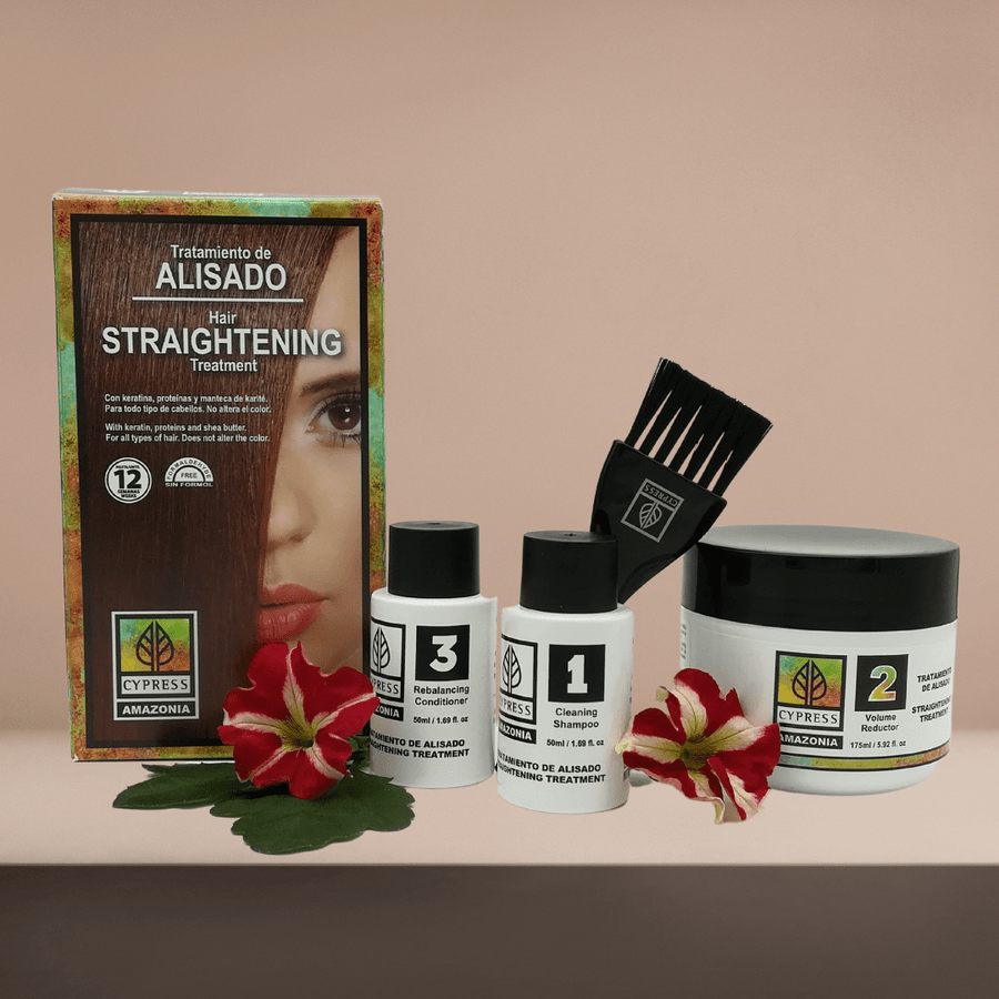 Kit de tratamiento alisado completo con cuatro de sus componentes y flores