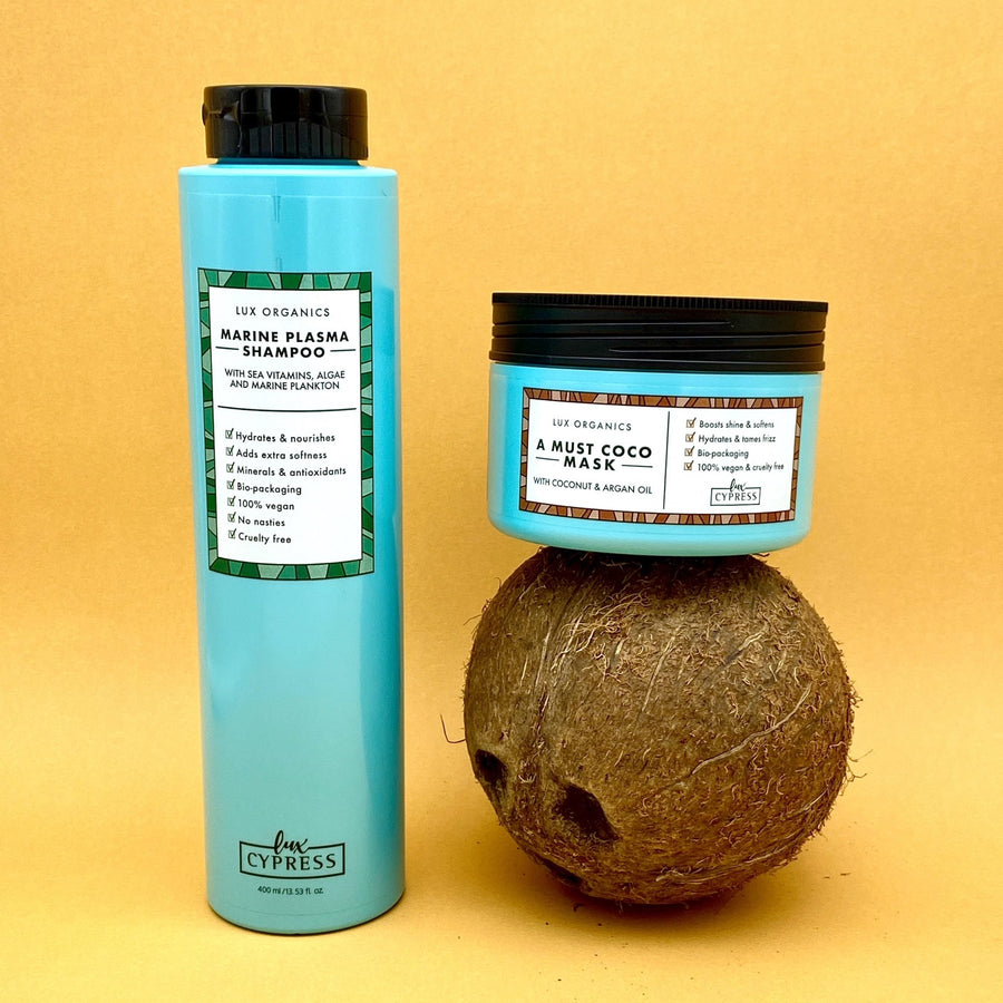 Kit NATURAL DELIGHT con mascarilla nutritiva A MUST COCO MASK y champu sin sulfatos MARINE PLASMA SHAMPOO con un coco