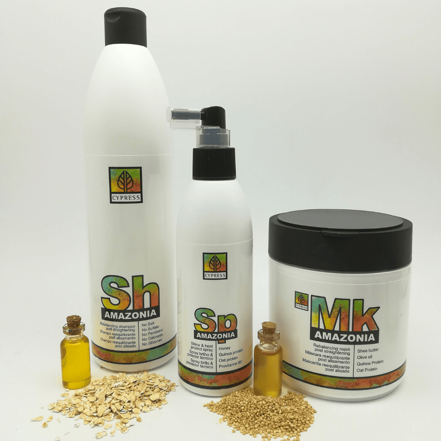 Champu, mascarilla y spray post-alisado con avena, aceite de oliva, miel y quinoa alrededor